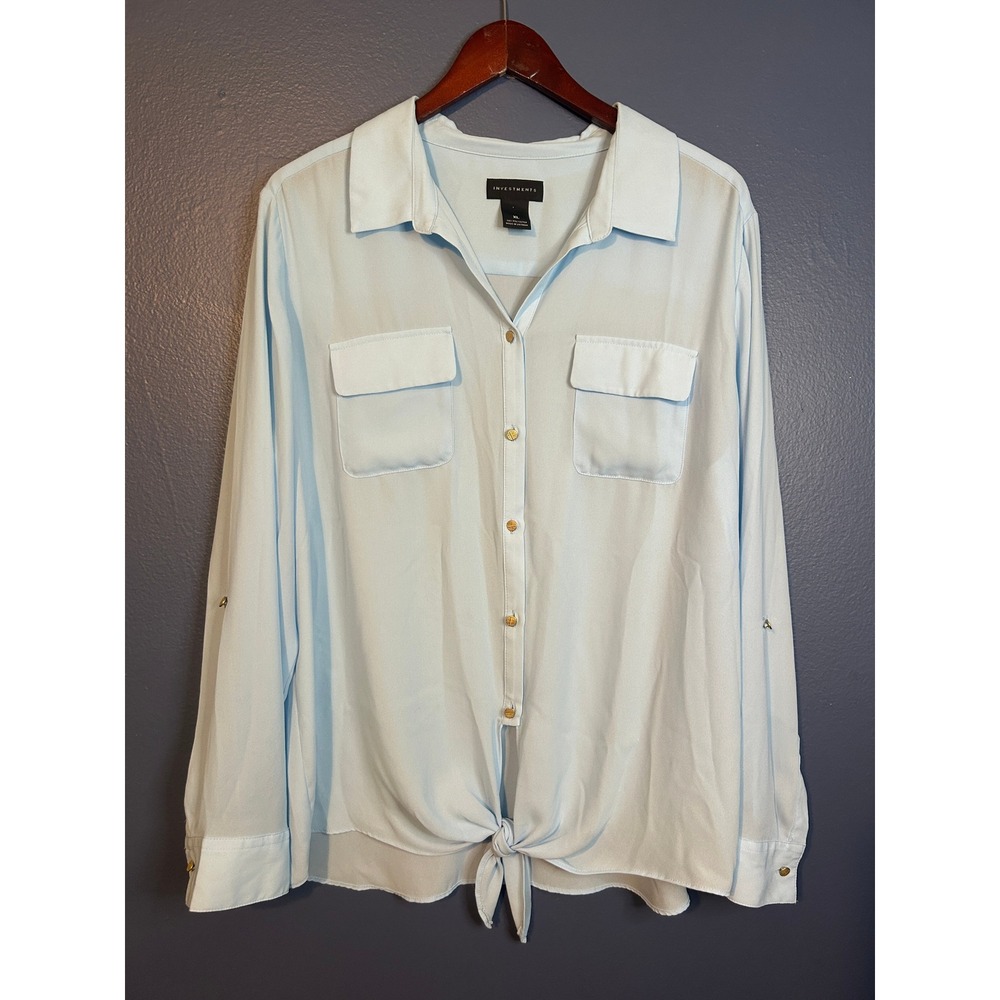 Investments Tie Front Blouse Top Coastal Nautical Breathable Women XL Light Blue